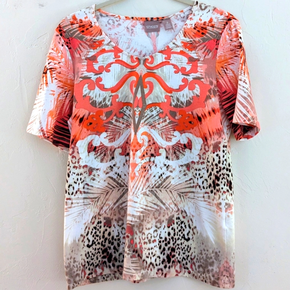 Chico's Short Sleeve Top Peach/White/Brown/Black Design Size 2 (W 12-14)